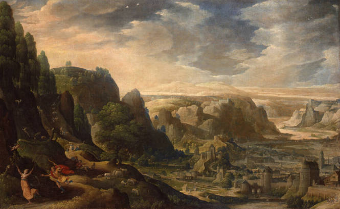 Hans Bol, Flemish (1534-1593), "Valley of the Meuse with Apollo and Daphne," 1578, Distemper or…
