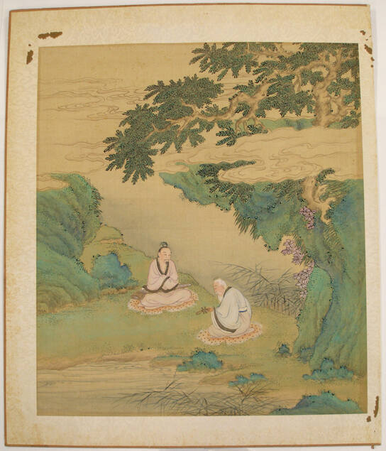 Old Man Playing Instrument by Stream