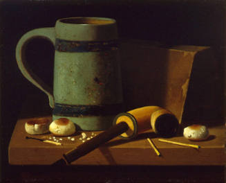 John Frederick Peto (American, 1854-1907) Still Life with Mug, Pipe, and Book, 1880, oil on art…