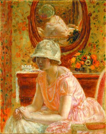 Frederick C. Frieseke, American, 1874-1939, "Young Girl Before a Mirror in a Pink Dress," 1923,…