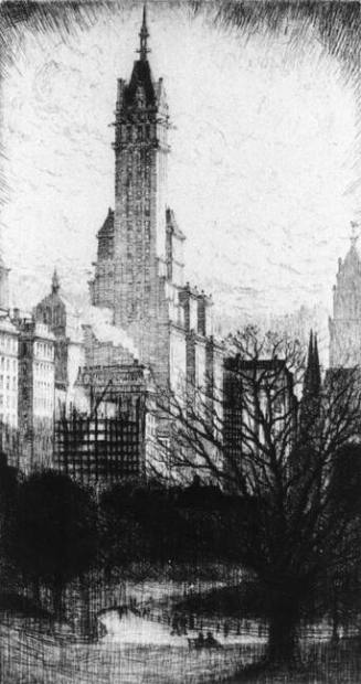 Albert E. Flanagan (American 1886-1969), Towers of Manhattan-Plaza Group, 1930, etching, 10 x 5…