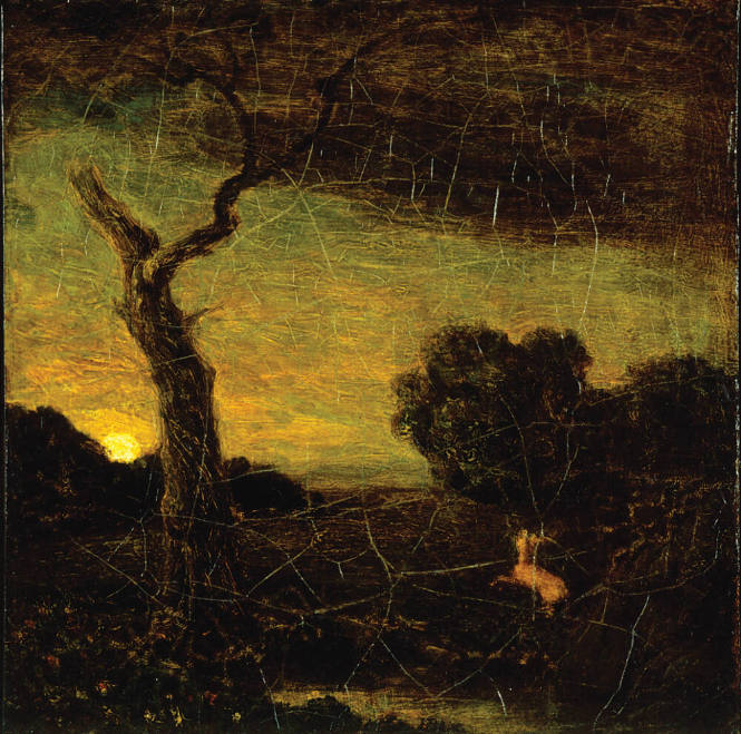 Albert Pinkham Ryder, American, 1847-1917, Stag in the Forest of Arden, ca. 1897, oil on canvas…