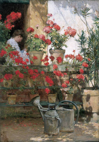 Childe Hassam, American, 1859-1935, Geraniums, 1888-89, oil on canvas, 18 1/4 x 12 15/16 in. (4…