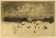 Paysage de Neige aux Corbeaux, Deux personnages Roulent une Boule de Neige