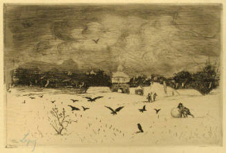 Paysage de Neige aux Corbeaux, Deux personnages Roulent une Boule de Neige