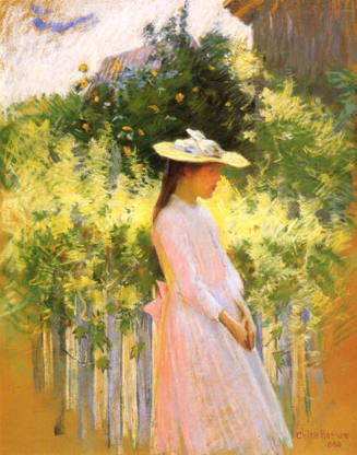 Childe Hassam, American, 1859-1935, GIrl in Pink/In the Garden, 1896, pastel on sandpaper,   30…