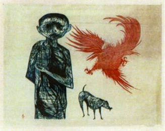 Leonard Baskin (American, 1922-2000), Frightened Boy with Dog, ca. 1950, colored woodblock prin…