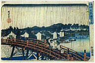 Andō Hiroshige (Japanese, 1797-1858)
White Rain at Nihon Bashi, ca. 1845, color woodblock prin…