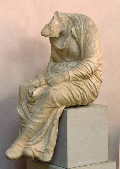 Artist Unknown, Greek, Mourning Woman, 4th century BCE, Pentelic marble, 33 x 26 3/4 x 13 1/2 i…