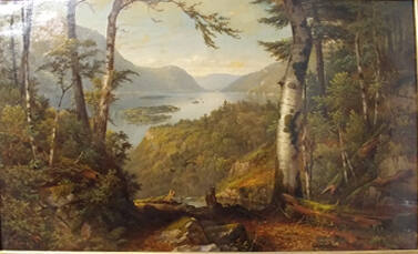 James Brade Sword (American, 1839-1915)  A Peep at Lake George, 1873, oil on canvas, 18 x 30 in…