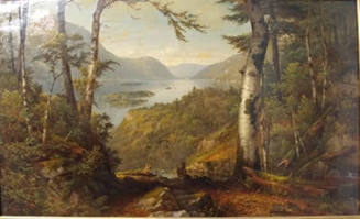 James Brade Sword (American, 1839-1915)  A Peep at Lake George, 1873, oil on canvas, 18 x 30 in…