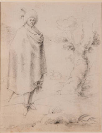 Artist Unknown, Spanish, Figure with Landscape, ca. 1500-1750, graphite and ink, 6 3/4 × 5 1/4 …