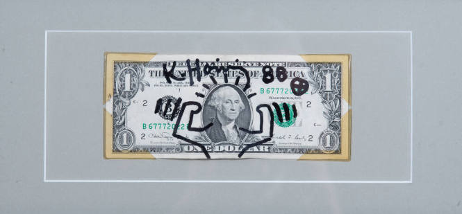 Keith Haring (American, 1958 – 1990), Untitled, 1988, Dollar bill and ink, 3 5/8 × 6 1/8 in., T…