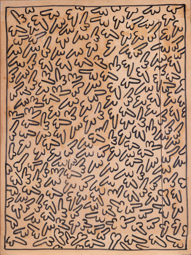 Keith Haring (American, 1958 – 1990), Woodie, 1979, Sumi ink on wood panel, 27 × 18 × 5/8 in., …