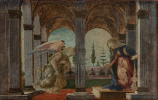 Sandro Botticelli, (Italian, 1444 – 1510), "Annunciation", ca. 1492, tempera on panel, 7 x 10 9…