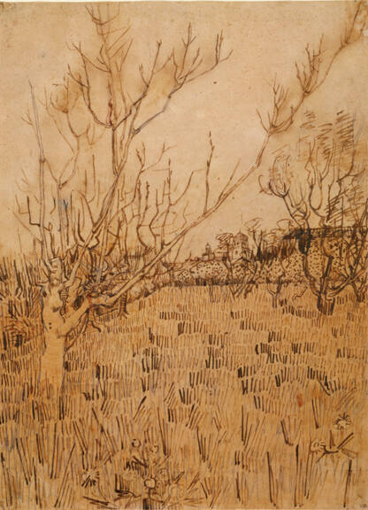 Vincent van Gogh (Dutch, 1853-1890), "Orchard with Arles in the Background", 1888, reed pen, pe…