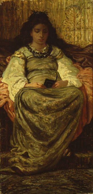 Elihu Vedder (American 1836-1923), Girl Reading on XVth Century Costume, 1879, Oil on paper mou…